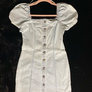 Light Wash Denim Puffed Sleeves Mini Dress